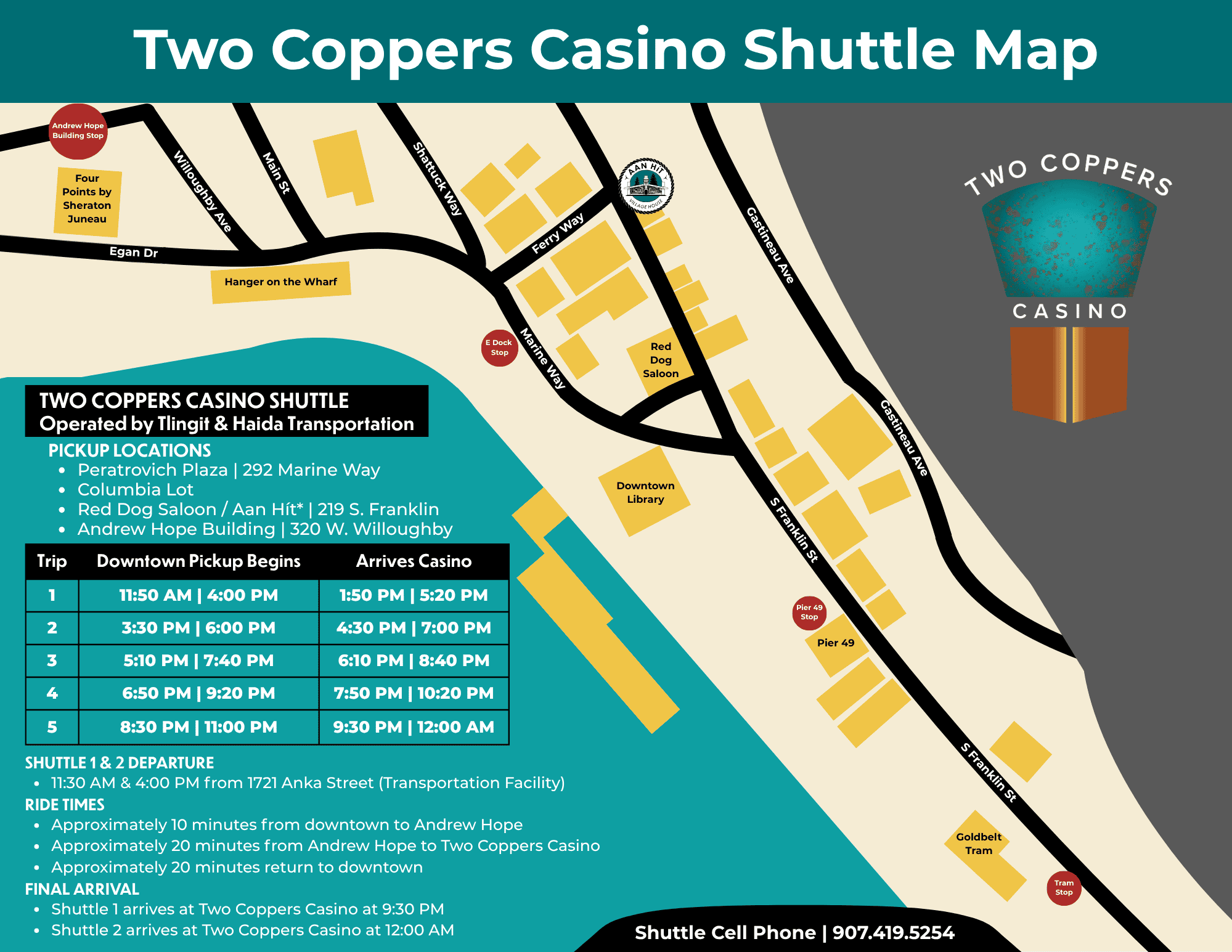 Map and schedule showing the free shuttle service to Two Coppers Casino with pickup